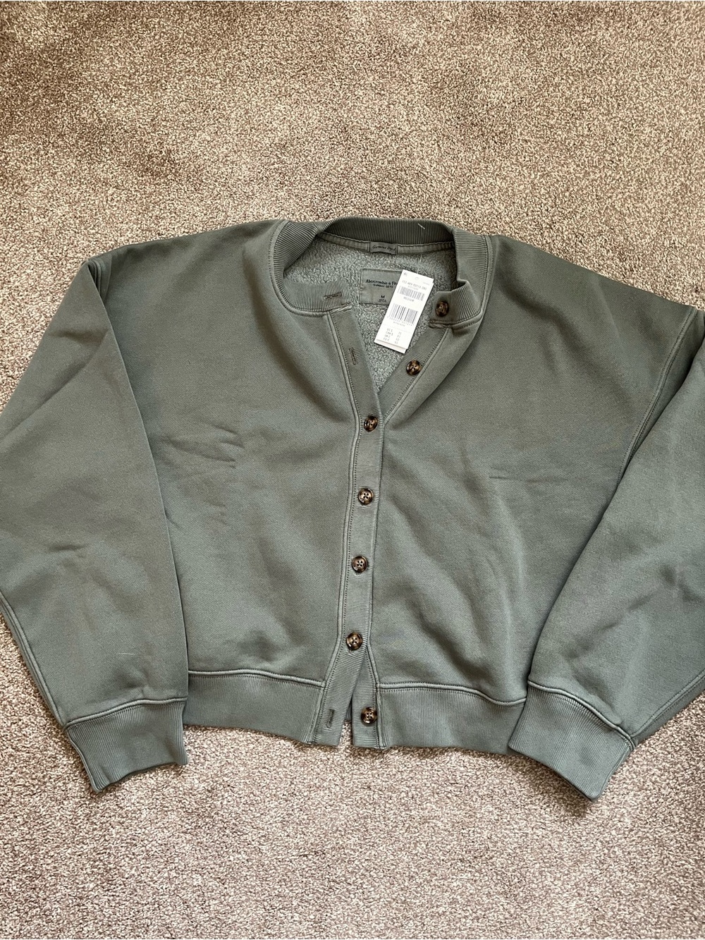 Abercrombie & Fitch Sunday Shrunken Crew Cardigan Sweater Sage Green Sweatshirt - Picture 3 of 5